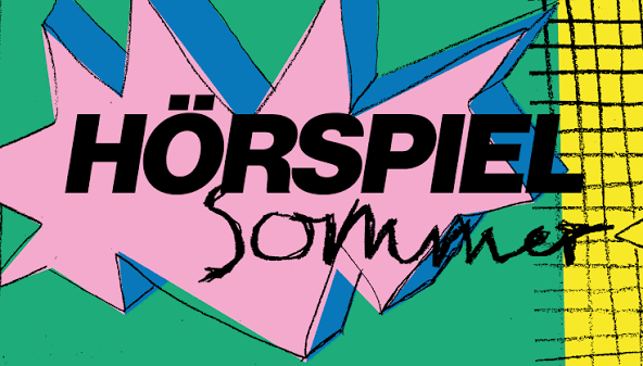 Buntes, grafisch gestaltetes Hörspielsommer-Logo mit schwarzem Schriftzug auf einer rosafarbenen Sternform vor grünem Hintergrund, ergänzt durch blaue und gelbe Elemente.