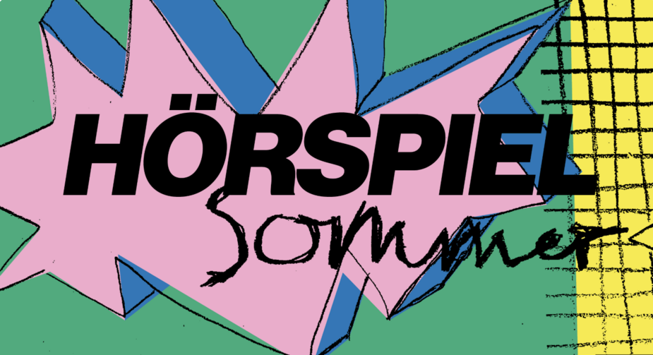 Buntes, grafisch gestaltetes Hörspielsommer-Logo mit schwarzem Schriftzug auf einer rosafarbenen Sternform vor grünem Hintergrund, ergänzt durch blaue und gelbe Elemente.